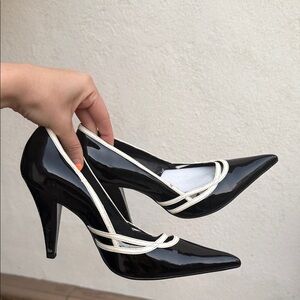 Vintage patent leather Elegant Black Heels with White Accents